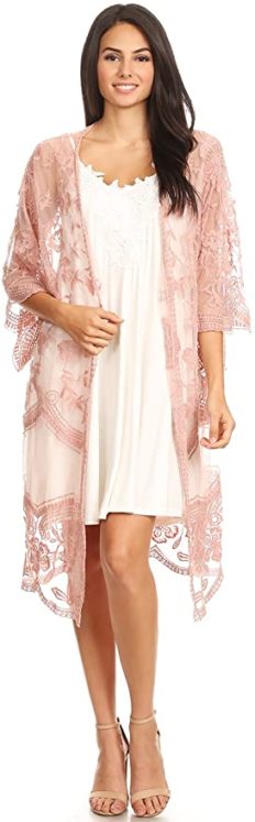 Anna-Kaci Womens Long Embroidered Lace Kimono Cardigan with Half Sleeves, Mauve, OneSize