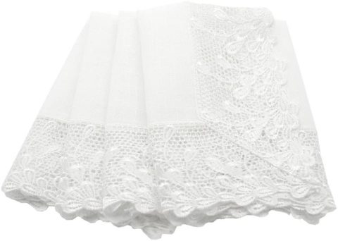 Manor Luxe Garden Trellece Lace Trim Napkins, 20-Inch, Set of 4, White, 20 x 20