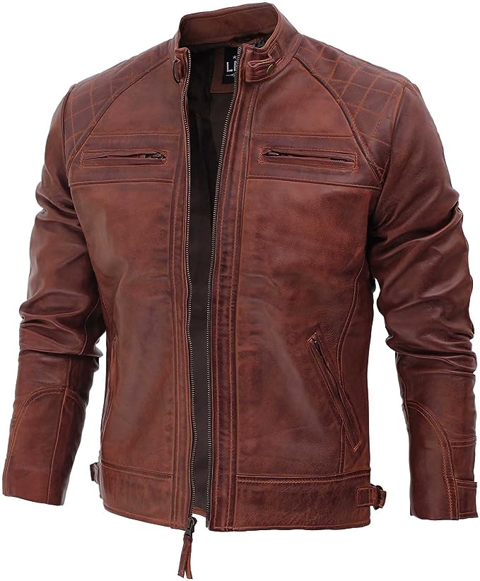 fjackets Real Lambskin Leather Biker Jacket — Quilted Cafe Racer Zip Up Moto Jacket Men | [1100085] Johnson Brown, XL