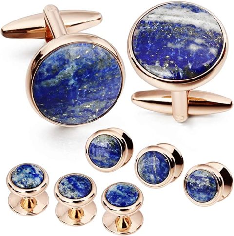 Cufflinks and tuxedo studs Set for Men with Gift Box, Rose Gold Tone Mother-of-Pearl Cuff links for French Cuff Shirt and Dress Shirt, Suitable for Wedding, Birthday, Party, Anniversary