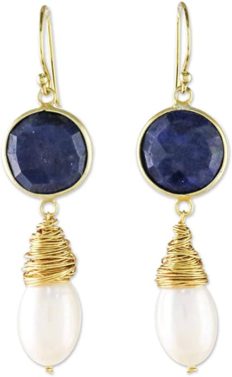 NOVICA Lapis Lazuli Cultured Freshwater Pearl 24k Gold Plated Silver Dangle Earrings, Moonlit Dawn\'