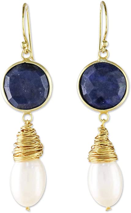 NOVICA Lapis Lazuli Cultured Freshwater Pearl 24k Gold Plated Silver Dangle Earrings, Moonlit Dawn'