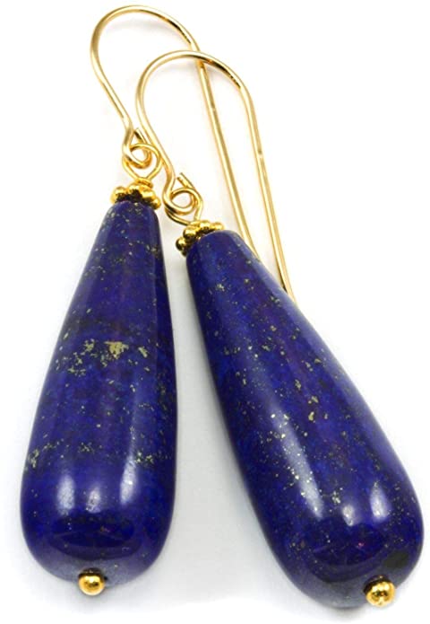 14K Yellow Gold Lapis Lazuli Earrings Blue Smooth Rounded Long Large Teardrops Goldtone Accents