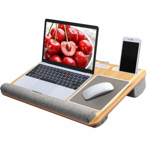 Lap Desk - Fits up to 17 inches Laptop Desk, Built in Mouse Pad & Wrist Pad for Notebook, MacBook, Tablet, Laptop Stand with Tablet, Pen & Phone Holder (Wood Grain)