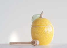 Creative Co-Op Stoneware Shaped Lid & Bamboo Utensil Lemon Jar Yellow