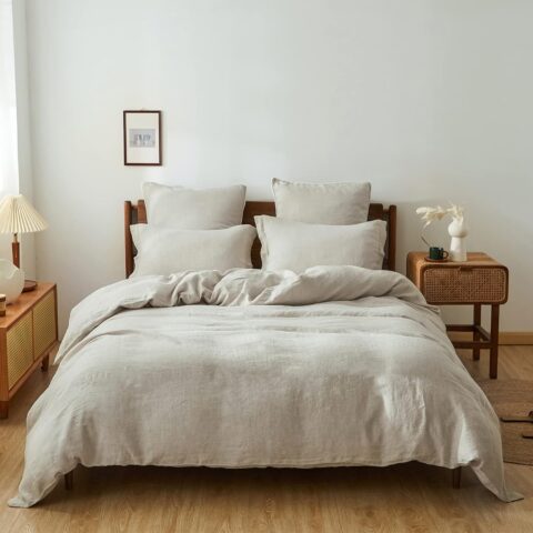 Simple&Opulence 100% Linen Duvet Cover Set with Washed-French Flax-3 Pieces Solid Color Basic Style Bedding Set-Breathable Soft Comforter Cover with 2 Pillowshams(Queen,Linen)