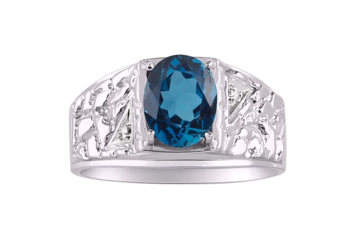 RYLOS Mens Rings Sterling Silver Designer Nugget Ring Oval 9X7MM Gemstone & Genuine Diamonds Rings Blue Topaz Birthstone Rings For Men, Men's Rings, Silver Rings, Sizes 8,9,10,11,12,13