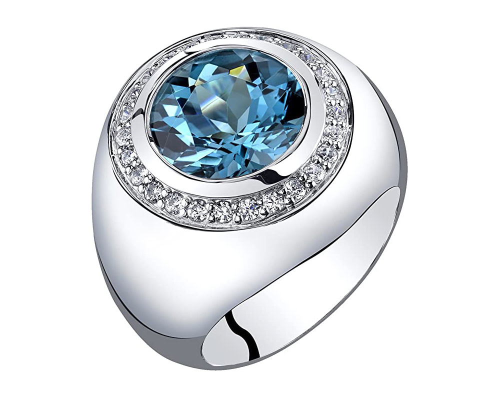 Peora Men's Genuine London Blue Topaz Signet Ring 925 Sterling Silver, Large 5.50 Carats Round Shape 11mm, Size 11