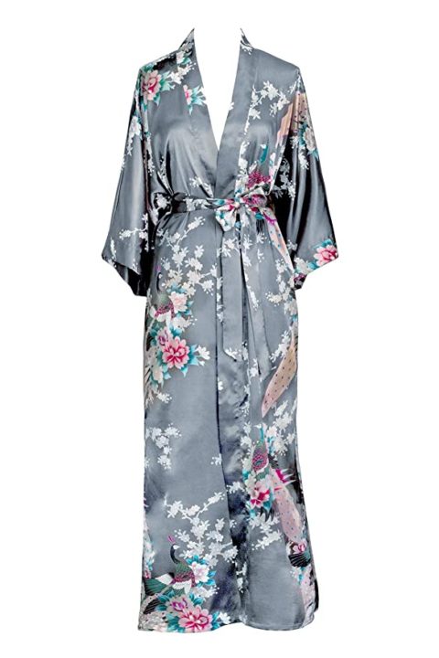 KIM+ONO Satin Kimono Robe Long - Peacock & Blossoms - Stone (Grey)