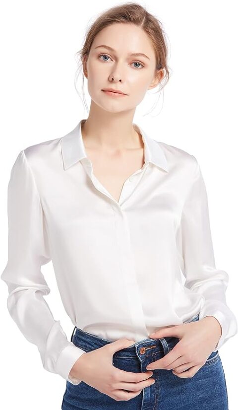 LilySilk Women\'s 100% Silk Blouse Long Sleeve Lady Shirt 22 Momme Charmeuse Silk Caramel M/8-10