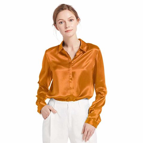 LilySilk Women's 100 Silk Blouse Long Sleeve Lady Shirt 22 Momme Charmeuse Silk Caramel M/8-10