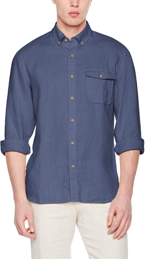 Isle Bay Linens Men's Standard-Fit 100% Linen Long-Sleeve Button-Down Woven Casual Shirt Prussian Blue Medium