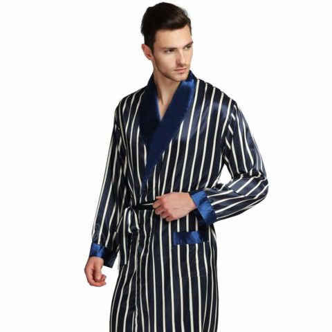Mens Silk Satin Robe Navy Blue L