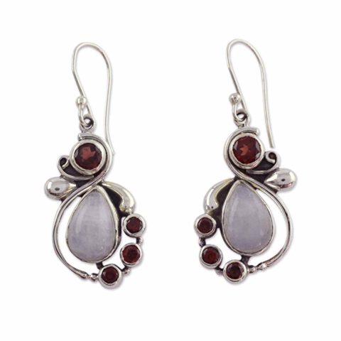 NOVICA Handmade Rainbow Moonstone and Garnet Sterling Silver Hook Earrings, Dazzling Garnet Earrings, Exquisite\\\'