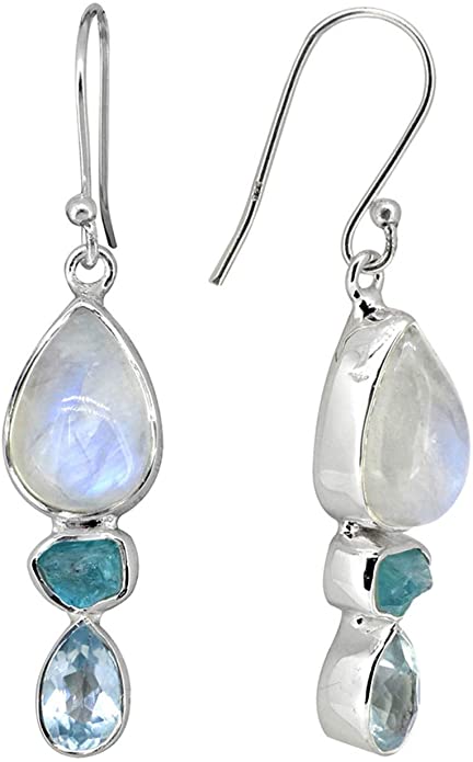 YoTreasure 1.85" Rainbow Moonstone Neon Apatite Blue Topaz Solid 925 Sterling Silver Gemstone Dangle Earrings Jewelry