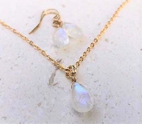 Rainbow Moonstone Gemstone Necklace and Earring Set - 14K GF - Gift For Women Mom Bride Bridal Party Birthday Graduation