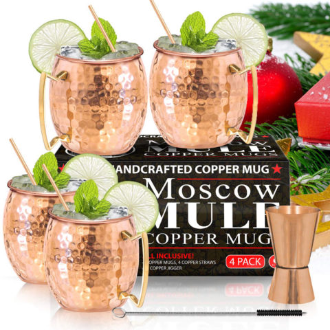 Moscow Mule Copper Mugs - Set of 4 - 100% HANDCRAFTED - Food Safe Pure Solid Copper Mugs - 16 oz Gift Set with BONUS: Highest Quality Cocktail Copper Straws and Jigger!