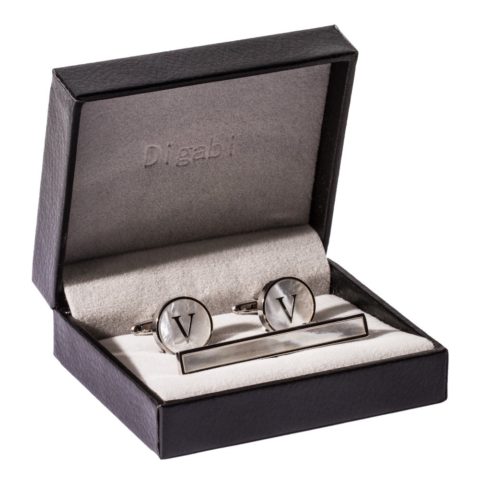 Digabi Platinum Plated 18K Rectangular Mother of Pearl Tie Clip and Initial Letter Cufflinks Set with Nice Box (Silver V)