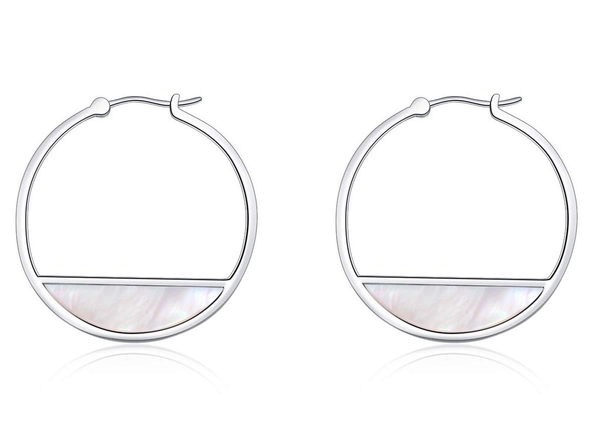 LUHE Small Sterling Silver Hoop Earrings for Women, Hypoallergenic Mother of Pearl Shell Dangle Earrins for Sensitive Ears