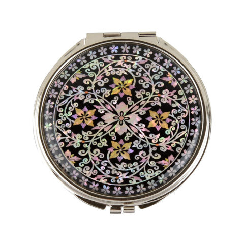 MOP Antique Round Compact Magnifying Make up Double Sided Mirror Mother of Pearl Art Flower Vine
