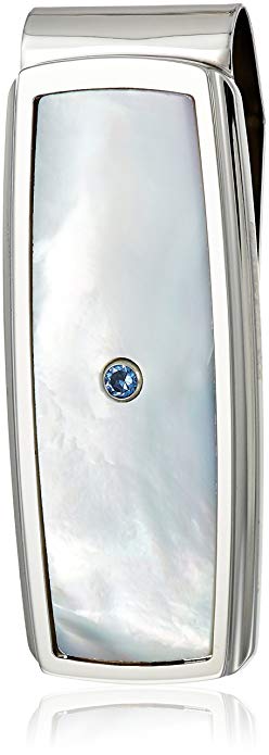 Men's Stainless Steel Mother of Pearl Inlay with Created Sapphire Accent Money Clip