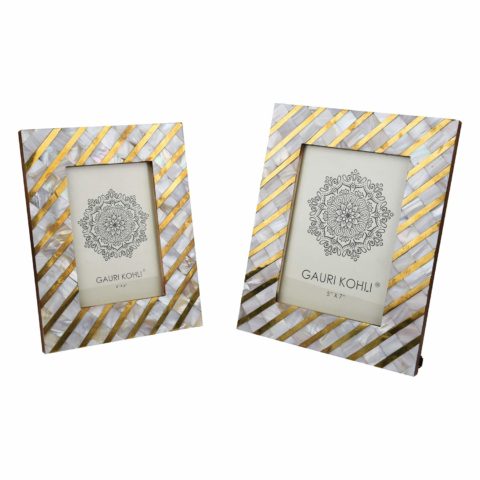 GAURI KOHLI White MOP and Brass Picture Frames Gift Set | Wall Hanging & Table Top Handmade (Twin Pack)