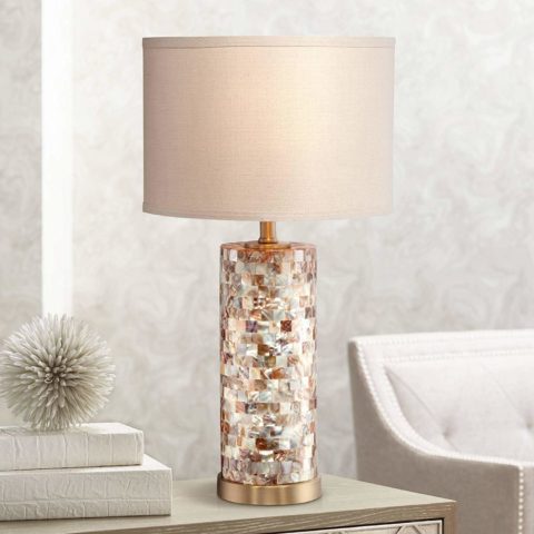 360 Lighting Margaret Coastal Accent Table Lamp 23\" High Mother of Pearl Tile Cylinder Glass Cream Linen Fabric Drum Shade for Living Room Bedroom Beach House Bedside Nightstand Home Office