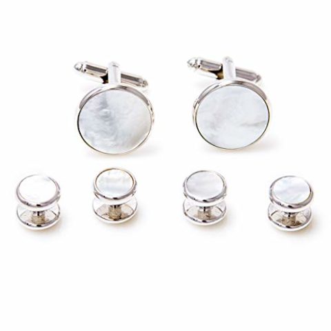 MRCUFF Mother of Pearl Cufflinks and Studs Tuxedo Set in a Presentation Gift Box & Polishing Cloth