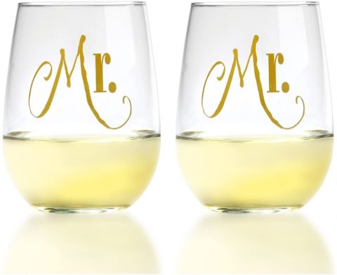 Mr. and Mr. Gay Couple Gold Stemless Wine Glasses With Gift Box - His and His Same Sex Set - Engagement, Wedding, Anniversary, House Warming, Host Gift, 17 Ounce