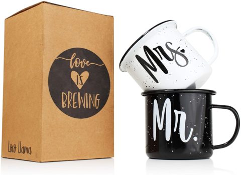 Mr and Mrs Coffee Mug Gift Set - Enamel Coated Stainless Steel Camping Mugs - Bride and Groom - Marriage Engagement Wedding Gift for Couples