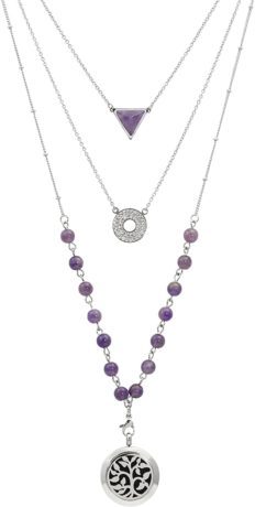 Silver and Amethyst Essential Oil Diffuser Necklace, Multi-Layer chain 6mm bead; Silver 25mm locket; 9 Colored Diffuser Pads, Velvet Bag - 48cm/18.9", 58cm/22.8", 68cm/26.8", 6mm bead