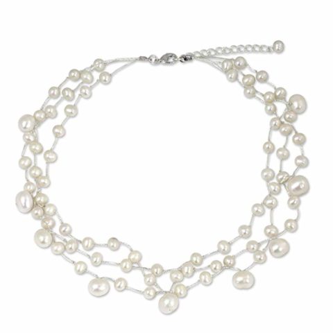 NOVICA Handcrafted Multi-Strand White Freshwater Cultured Pearl Bridal Choker Necklace, Adjustable 15.5"-17.5" Length - Elegant and Trendy Necklaces for Women, Moonlight Glow'
