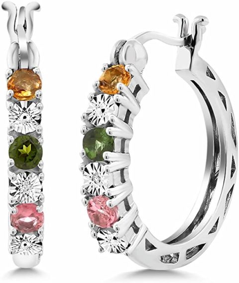 Gem Stone King Multicolor Tourmaline and White Diamond Accent 925 Sterling Silver Hoop Earrings