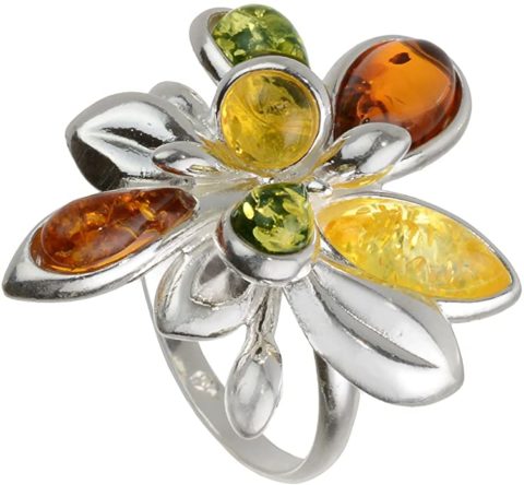 HolidayGiftShops Sterling Silver and Baltic Amber Multicolor Adult Ring Brigitte- Size 6