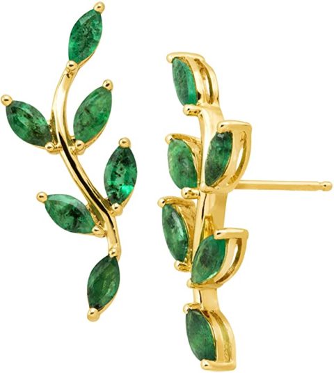 2 ct Natural Emerald Leaf Climber Stud Earrings in 10K Gold