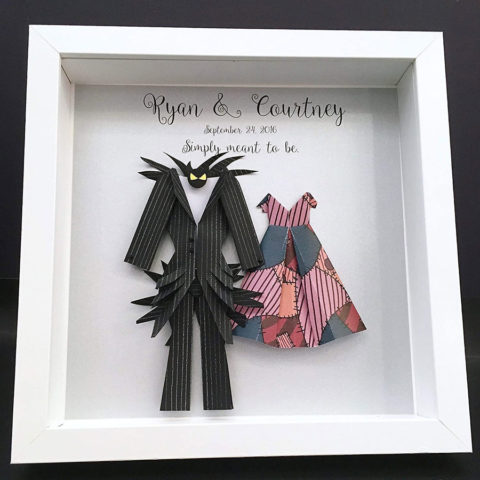 Nightmare Before Christmas Jack and Sally Wedding Gift, First Anniversary Gift Paper Origami Bride & Groom Shadowbox Frame Wall Art Gift