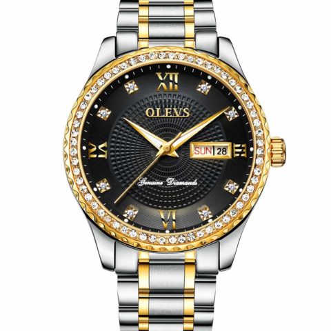 Mens Watches Black Dial Luxury Diamond Crystal Gold and Silver Stainless Steel Band Waterproof Lumonous Date Day Watches for Male