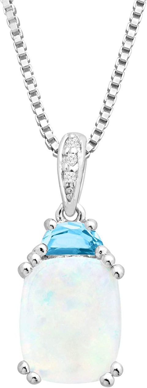 2 1/6 ct Natural Opal & Swiss Blue Topaz Pendant with Diamonds in Sterling Silver, 18"