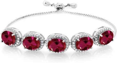 Gem Stone King 925 Sterling Silver Red Created Ruby Adjustable Women Bracelet (11.05 Ct Oval 9X7MM)