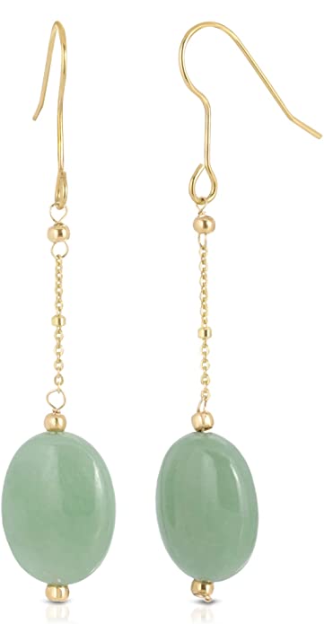 Genunie Jade Oval Dangle Earrings in Gold Plated Sterling Silver