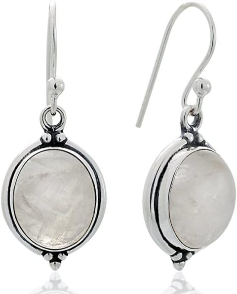 Women’s 925 Oxidized Sterling Silver Oval Gemstone Vintage Dangle Hook Earrings, 1.25", Moonstone Design