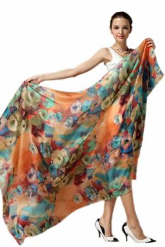 Just4Beauty Women Fashion Silk Scarf Oblong Floral Oversize Soft Shawl Beach Wrap