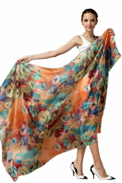 Women Fashion Silk Scarf Oblong Floral Oversize Soft Shawl Beach Wrap Colorful