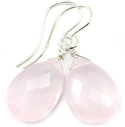 Sterling Silver Rose Quartz Earrings Faceted Pear Teardrop Dangle Style Simple Briolette