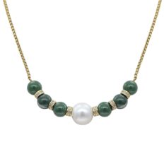 Stellia Precious Orbs Pearl and Jade Necklace 24K Gold Chain