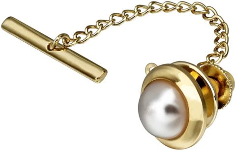 Mens Pearl Tie Tack with Chain for Necktie Best Wedding Business Daily Accessories - Faceted Pearl in Rich