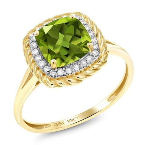 Gem Stone King 10K Yellow Gold Green Peridot and White Diamond Engagement Ring For Women (1.87 Cttw, Cushion 7MM, Available In Size 5,6,7,8,9)