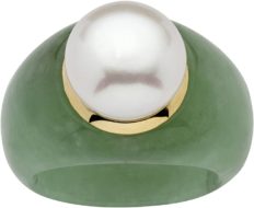 10K Yellow Gold Round Genuine Cultured Freshwater Pearl (11mm) and Green Jade Ring