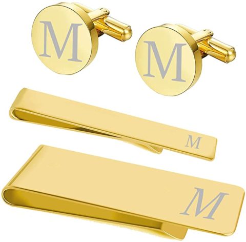 BodyJ4You 4PC Cufflinks Tie Bar Money Clip Button Shirt Personalized Initials Letter M Gift Set