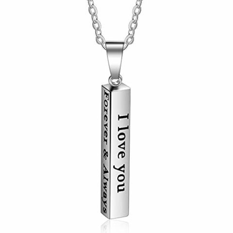 Love Jewelry Personalized Couple Stainless Steel Necklace Engraved Initial Name Vertical Bar Necklace Birthday Gifts for Boyfriend (Silver)